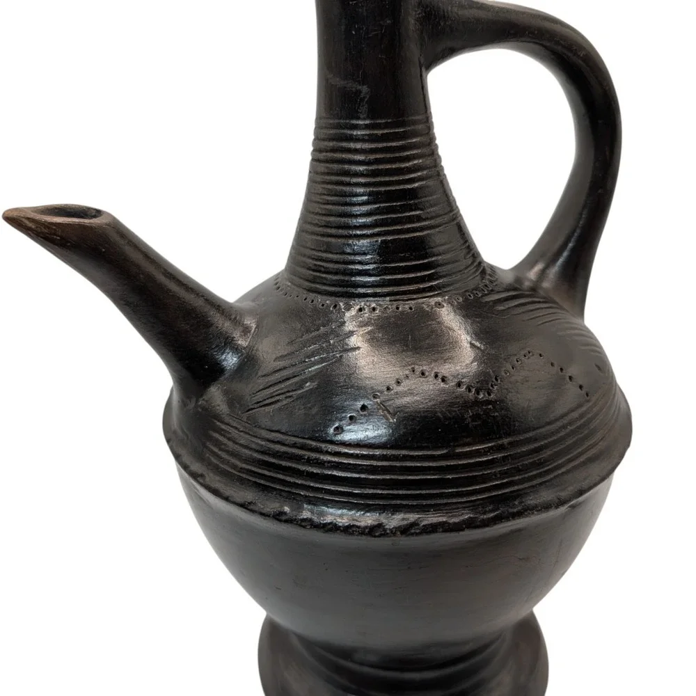 Vintage Ethiopian Jebena Pot Handmade with Stand Black Clay Coffee Pot Two Piece